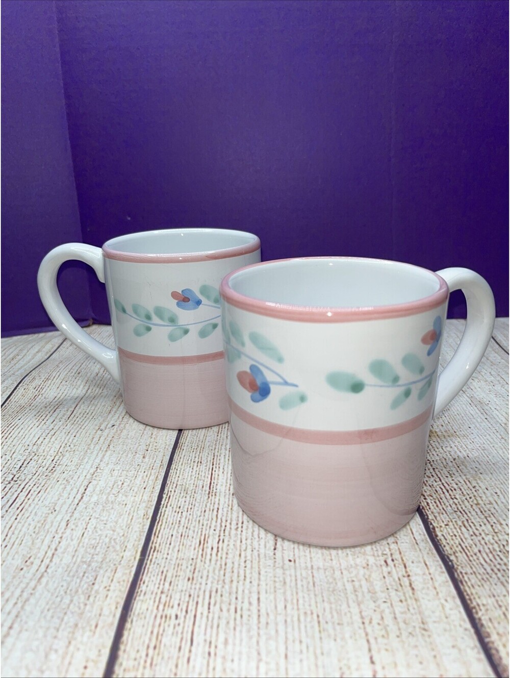 Set Of 2 - Pink Garland Caleca Italian Coffee  Mugs, Hand Painted Art Deco